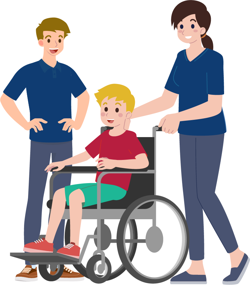Illustration eines Jungen im Rohlstuhl, der von zwei Pflegekräften begleitet wird
